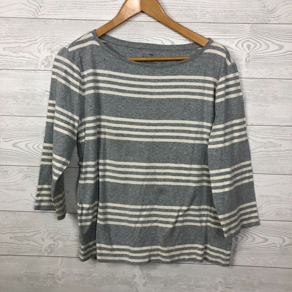 Talbots Women's XL Striped 3/4 Sleeve Tee Shirt 100% Cotton Gray White Casual